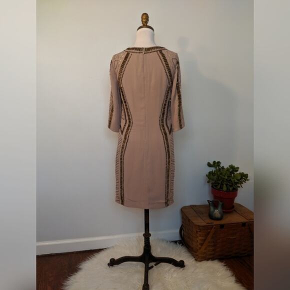 Spotlight by Warehouse Geometric Sequin Beaded 3/4 Sleeve Midi Dress Tan - Picture 2 of 7